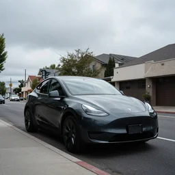 a cloudy day with a tesla in a street