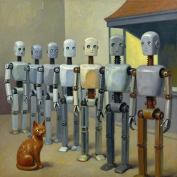 row of prostrate robots, cat statue, grant wood, pj crook, edward hopper, oil on canvas