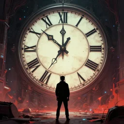 a man standing in front of a giant clock, cyberpunk art by Zdzislaw Beksinski, zbrush central contest winner, fantasy art, fractalism, redshift, dystopian art