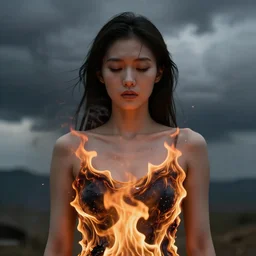 dress made of fire, liquid, asian woman, solemn, female, rising from ashes, high detail, high contrast, extreme close up portrait, beautiful, bokeh, storm clouds, god rays, d & d, fantasy, elegant, red yellow orange white color palette, concept art, roger deakins, greg rutkowski, alphonse mucha