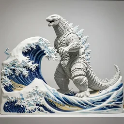 godzilla in a parametric hokusai wave simulation in a art exhibit, foamy, 3 d sculpture