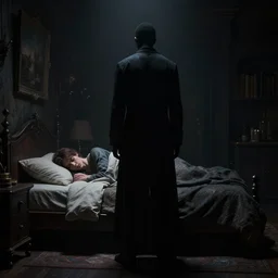 dark room with a shadow figure standing in front of the bed while a person sleeps in it, very dim lighting, 8 k octane beautifully detailed render, post - processing, extremely hyper - detailed, intricate, epic composition, masterpiece, trending on artstation, detailed detailed detailed, masterpiece, stunning art by anders zorn, wonderful masterpiece by greg rutkowski,