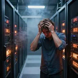 Nervous upset sad people sweating and placing their hands on their head standing next to futuristic advanced servers that are smoking and on fire. The number of users is exploding the server farm. Photo realistic.