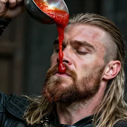 Pouring marinara sauce on ragnar lothbrok's face