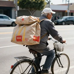 a old man riding a bicycle in los angeles carrying a bag of mcdonalds, high detail, 4k