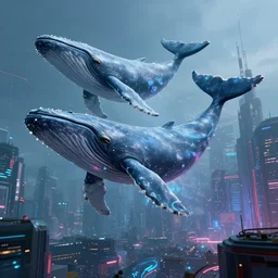 futuristic whales floating above a cyberpunk city by Paul Lehr
