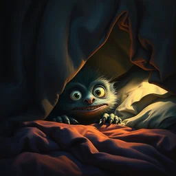 under the bed a big monster hides, cute, furry, big eyes, dark, dramatic lighting, pixar bedroom scene, cinematic, highly detailed, realistic oil painting by tim hildebrandt and peter elson and frank frazetta