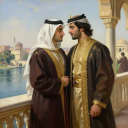 attractive arab king in love with his attractive male prince, in balcony of palace, above a river,. highly detailed painting by gaston bussiere, craig mullins, j. c. leyendecker