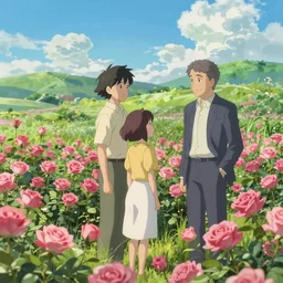 rendering of a scene with a meadow full of roses ， by makoto shinkai and thomas kinkade, fantasy matte painting, trending on cgsociety and unreal engine ， light effect ， highly detailed ， super wide angle