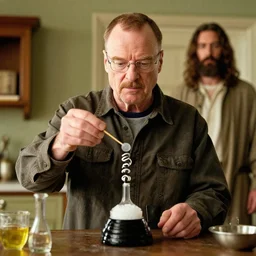 walter white cooking meth with jesus, award winning photograph, 4 k, hd, focus, hdr