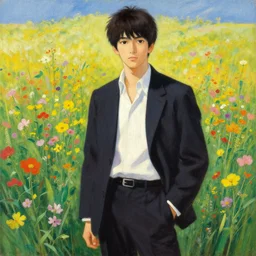 attractive man in flower field, painting by j. c. leyendecker, yoji shinkawa, katayama bokuyo