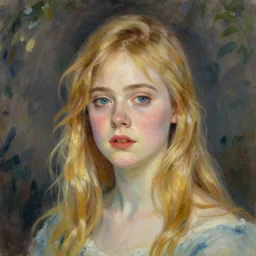 A dream-like head and shoulders oil portrait of Elle Fanning, by Renoir. 8K. Extremely detailed.