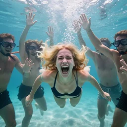 girl with blonde hair screaming underwater with group of people waving at here from the shore