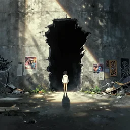 dramatic lighting, tatsuyuki tanaka, incredible ghibli movie screenshot, vanishing point, focal point, ultra wide, brutalist, white hoodie girl, large dark hole in the side of a concrete wall, bright dappled sunlight, long dark shadows, black depths, posters, notices, graffiti, banners, junk, overgrown, spiderwebs