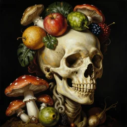 a close - up baroque portrait of a tropical alien skull with colorful fruit and mushrooms. studio lighting. black background. highly detailed science - fiction fantasy painting by norman rockwell, moebius, frank frazetta, syd mead, and giuseppe arcimboldo. rich colors, high contrast. renaissance masterpiece. artstation
