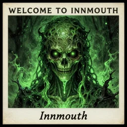 retro postcard - welcome to innsmouth, green light dust, magnificent, close up, sharp focus, evil fluid, negative energy, horror, creepy, serious, giger style, highly detailed, illustration, by jordan grimmer greg rutkowski wlop maya takamura, intricate, trending artstation, pixiv, digital art