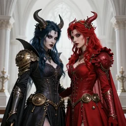 an ultra detailed matte painting of a lesbian wedding between evil pyromancer and a red mage from final fantasy, steampunk, unholy, white church background, detailed face, sharp focus, highly detailed, cinematic lighting, studio quality, colorful, smooth render, unreal engine 5 rendered, octane, rendered, by artgerm, greg rutkowski, alphonse mucha