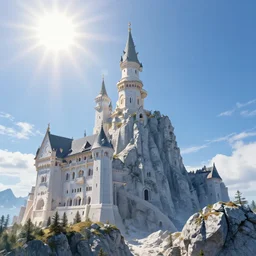 sunny day heavenly castle! single! giant mountain! olympus one peak holy stronghold castle piercing the sky sun shining brightly godrays over beautiful white clouds at the summit lush forests close up forest vista waterfalls villages castles, buildings artstation illustration sharp focus sunlit