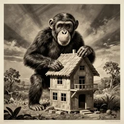 A chimpanzee constructing a house, 1960s poster style