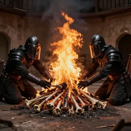 A fire burns in the middle of a large room. A dead man's bones are placed on top of this heap and men use their arms to push the bones into the flames. The men wear helmets with long visors that make them look like a single creature. Their bodies are covered with black leather armor and they have a mask of some sort over their mouths. They kneel down, watching as the bones burn slowly in the fire.
