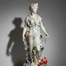 “Apollo statue made of pieces of glass and plastic bags, detailed but rough, 4k photo, great light and shadows, pomegranates, Sony 175mm”