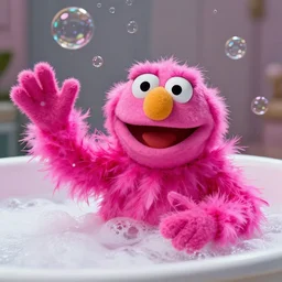 hot pink feather boa muppet in bubble bath wit bubbles floating in the air