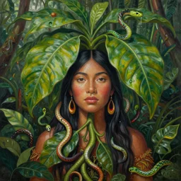 a surreal painting of the ayahuasca vine plant spirit mixed with the face of a beautiful indigenous woman in the jungle, surrounded by small colorful snakes, beautiful composition, matte painting, by christophe vacher, trending on artstation