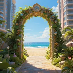 a photo of a magical portal in the middle of a city that leads to a beach, through the portal you can see a beach