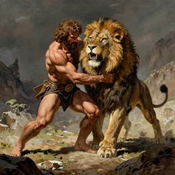 Samson wrestling the lion with his bare hands, pulp science fiction illustration