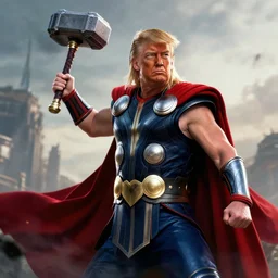 donald trump as thor, wielding hammer, ready for battle, digital art, dramatic, octane render