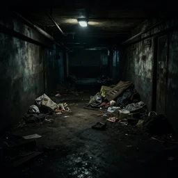 dark, dirty, underground metro, abandoned, creepy, piles of trash and junk, low brightness, cinematic lighting, no power, no lights