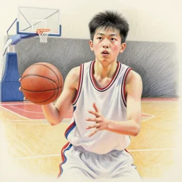 Colored pencil portrait of a boy at a basketball court playing basketball wearing a basketball uniform in a basketball court, intense emotion, detailed facial expression, detailed surroundings, intricate, elegant, highly detailed, centered, trending of artstation, concept art, smooth, sharp focus, illustration