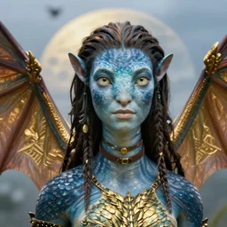 a stunning ultra detailed fantasy fine art portrait photo of a na'vi goddess from avatar movie with bat wings, by tom bagshaw and natalie shau, dragon scales on body, golden ratio composition, 2 4 m lens, deep depth of field, perfect eyes and face, soft lighting, artstation, 8 k