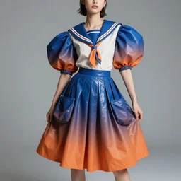 collection intiguing shaped, accordion sleeve haute couture, sailor uniform, midi skirt, coated pleats, synthetic curves striking pose, loish, wlop, stylized dynamic folds, cute huge pockets, volume flutter, youthful, modeled by modern designer bust, body fitted dart manipulation, picton blue, orange gradient scheme, holographic tones, expert composition, professional retouch, editorial photography