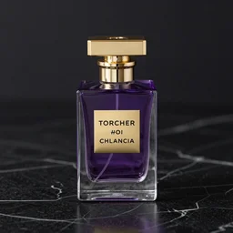 close up shot of premium purple coloured perfume on a black marble table, golden cap, ultra detail, cinematic lighting, symmetrical, rendered, 4k