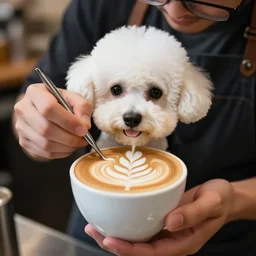 a closeup photorealistic photograph of barista drawing bichon frise shaped latte art in a cup. professional capture, well lit shot. this 4 k hd image is trending on artstation, featured on behance, well - rendered, extra crisp, features intricate detail, epic composition and the style of unreal engine.