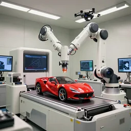 a complex thick bifurcated robotic cnc surgical arm cybernetic symbiosis hybrid mri 3 d printer machine printing some highly detailed large ferrari motor in inspection laboratory control panel room, 4 k, large monitor screens, knobs, drone camera lens orbs, global illumination, octane render, natural color scheme, architectural photography, f 3 2, still from movie by denis villeneuve,