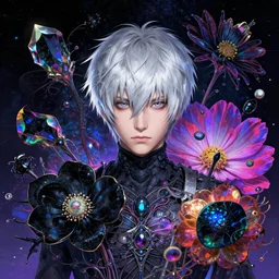 rei ayanami, deep space, seascape, grimes, lain iwakura, silver hair, masterpiece by shikinami asuka langley, johfra bosschart, cosmos, psychedelic flowers, black opal, rainbow aura quartz, organic, oni compound artwork, of character, render, artstation, portrait, wizard, beeple, art, fantasy, epcot, psychedelic glitchcore