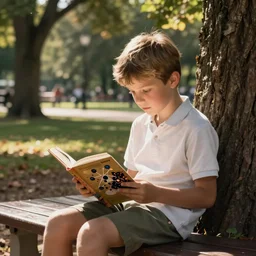 a young boy reading a book about atoms sat in a public park, a sense of awe, warm dappled light, trees, in the style of norman rockwell