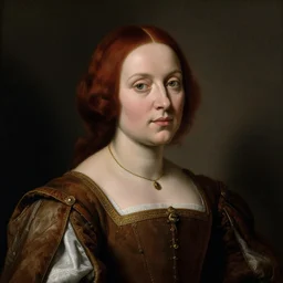 portrait of a 40 years old women, dark red hair, green eyes, in medieval clothing, Baroque painting