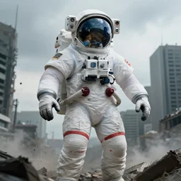 giant american spacesuit astronaut in postapocalyptic tokio, cinematic focus