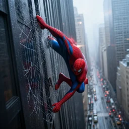 peter parker falling down a skyscraper building with spidernets into dystopian rainy new york city street, lens flare deep focus, d & d, intricate, elegant, highly detailed, photo, 9 0 s, artstation, blade runner, 8 k, sharp focus, octane, unreal engine 5, global illumination, radiant