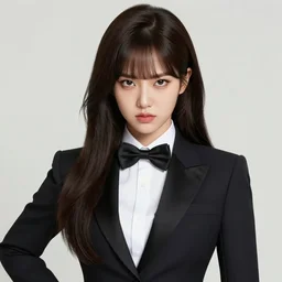 portrait of a beautiful korean girl wearing a men's tuxedo, with long hair and bangs, angular features, angry expression, digital art, elegant pose, detailed illustration