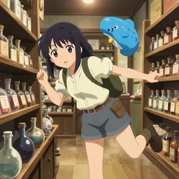 anime frames, portrait of a young female traveler in a alchemist's potion shop interior shopping, cute face by murata range, last exile, blue submarine no 6, dynamic perspective pose, detailed, lomography, hdr, yoh yoshinari