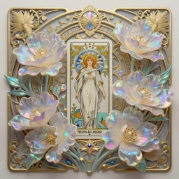 overlord, rococo and art nouveau fusion, iridescent diaphanous refractive and reflective flower bouquet, tarot card, highly detailed, deep focus, elegant, digital painting, smooth, sharp focus, illustration, ultra realistic, 8 k, art by artgerm and alphonse mucha
