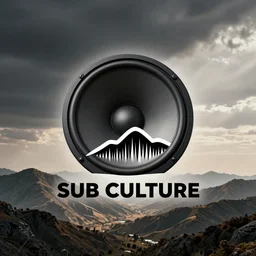 logo for Sub Culture including a sub woofer and radio wave hills