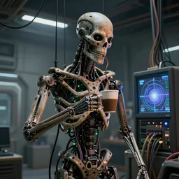 photorealistic torso of a terminator with borg implants and a human face is hanging from cables and wires off the ceiling of an futuristic abandoned computer room and plugged into a quantum computer that's visible in the background. bottom half of the terminator's body is missing with cables sticking out. The Terminator is taking a sip from a cup of coffee. Tiny green led lights in the terminator's cybernetics. very detailed 8k. Cyberpunk horror style.