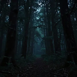 a very dark and creepy forest at night, fantasy style, 8 k