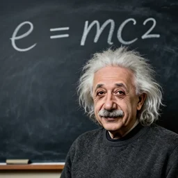 professional photo of happy albert einstein on the background of the blackboard on which it is written e = mc 2, portrait,, ancient, realistic, detailed