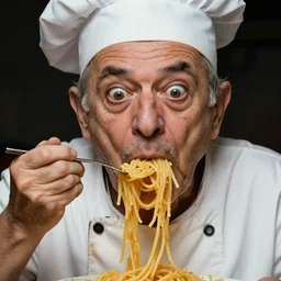 extremely detailed portrait of old italian cook, lazy eyes, spaghetti all over, slurping spaghetti, spaghetti in the nose, spaghetti in both ears, bulging eyes, surprise, shock, dirty shirt, full frame, award winning photo by letizia battaglia